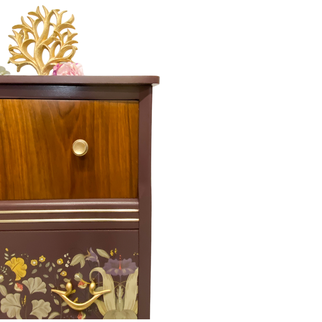 Flower design painted mid century chest of drawers
