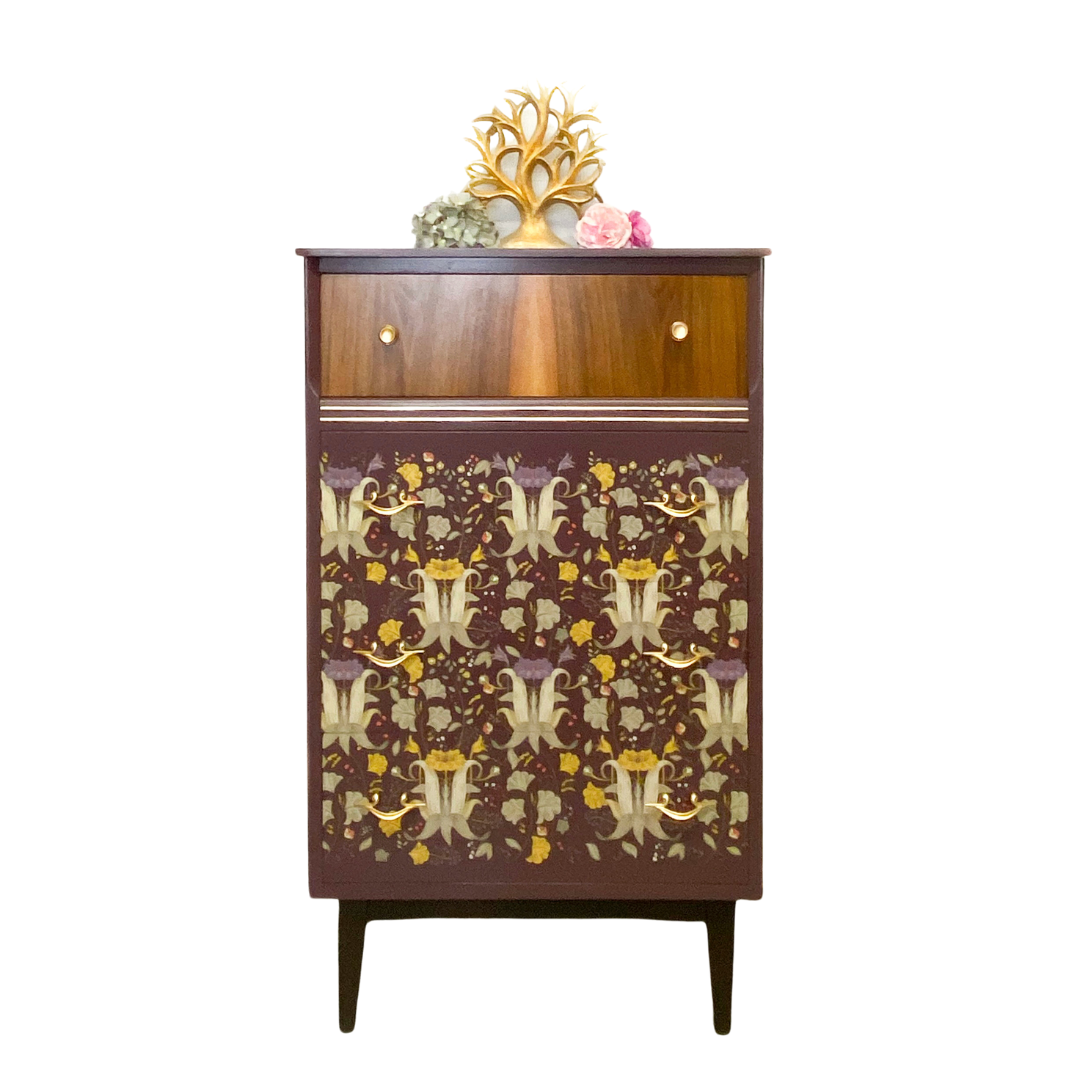 Flower design painted mid century chest of drawers